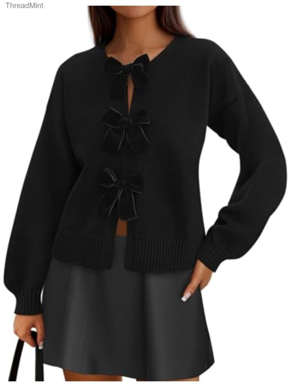 Women's Bow Tie Front Cardigan Long Sleeve Crewneck Knit Sweater